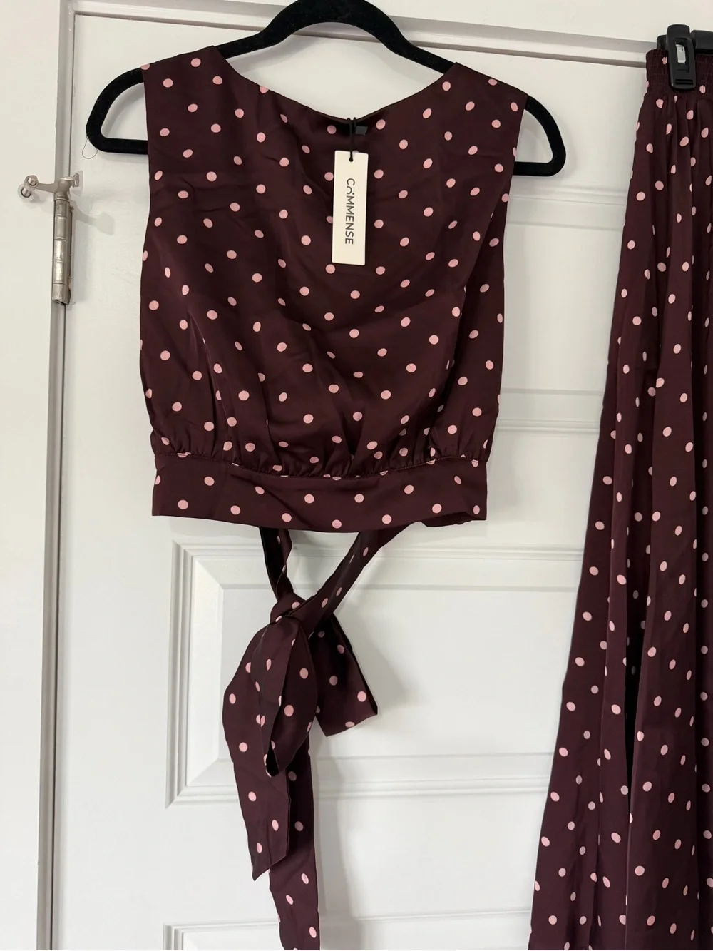 Commense Polka Dot Two Piece Brown Top and Skirt Set - Picture 3 of 6